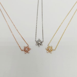 Sterling Silver Snow Flake Necklace: Sparkly Pendant, Gold, Rose Gold