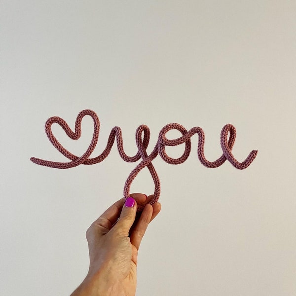 Loveyou knitted wire sign. valentines. lgbt.  heart. love you. new baby. Nursery. Gift. Playroom. Knitted words.