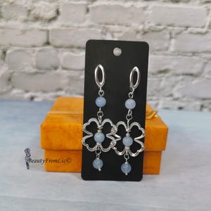 Blaue Aquamarin Ohrhänger, vierblättriges Kleeblatt Ohrringe, Brautschmuck