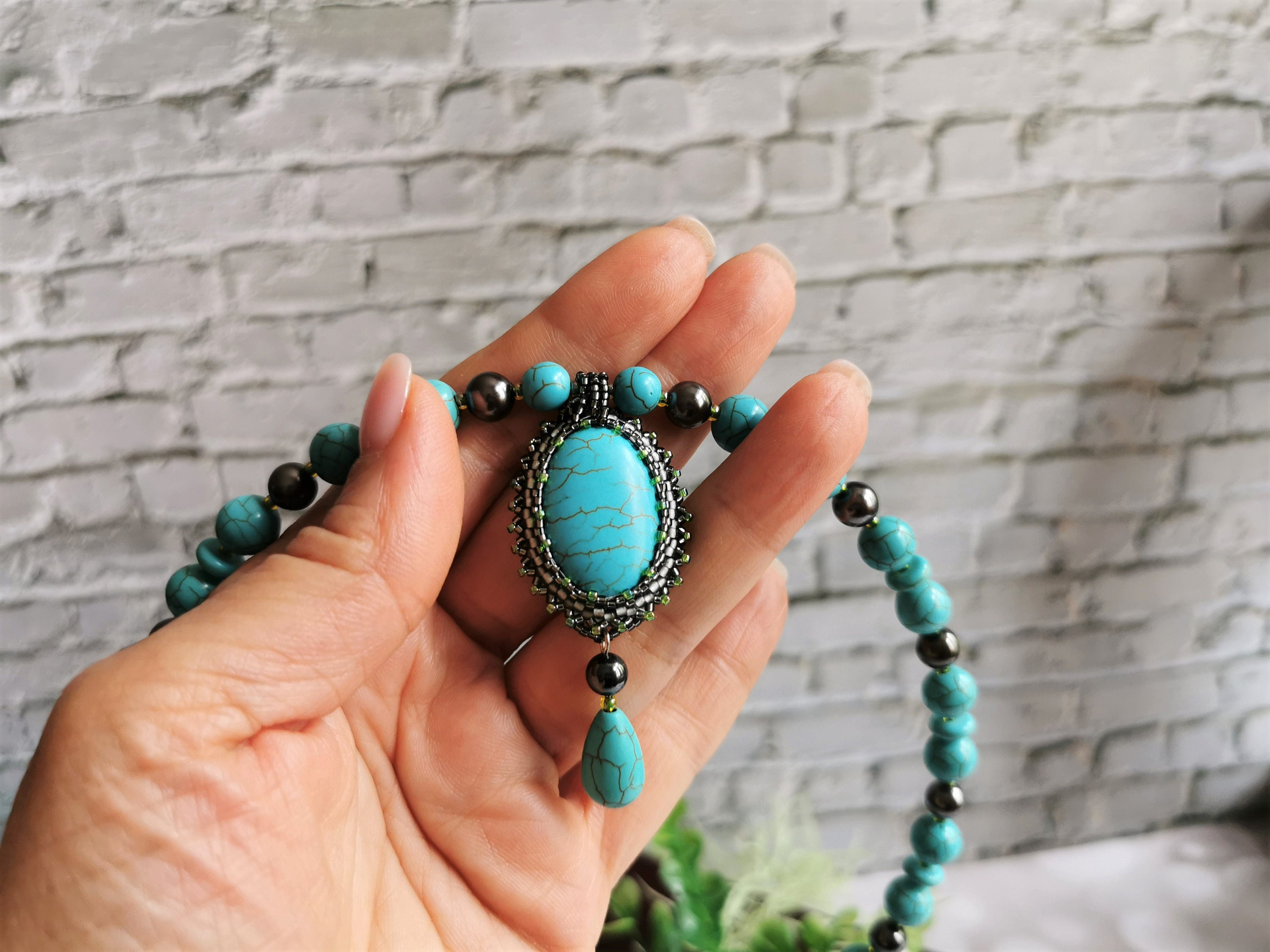 Necklace Blue Howlite and Hematite With Pendant. Handmade