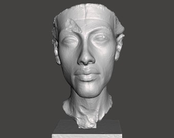Può includere: Busto in scala di grigi di una testa umana, appoggiato su una base rettangolare. La scultura presenta tratti del viso dettagliati, tra cui naso, labbra e occhi ben definiti. La testa è leggermente inclinata e la superficie ha un aspetto strutturato.