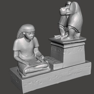 May include: A gray stone sculpture of an Egyptian scribe seated with a scroll, facing a baboon on a pedestal. Both figures are carved with intricate details and hieroglyphics.