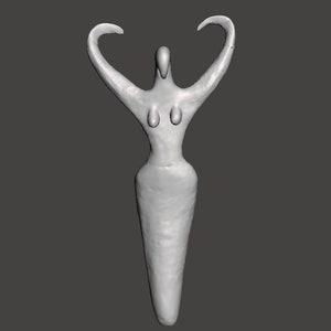 May include: A white ceramic sculpture of a female figure with raised arms. The figure has a stylized, abstract form with a rounded head and a long, slender body.