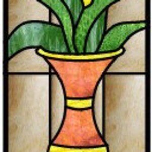 May include: Stained glass panel depicting a vase with yellow flowers and green leaves. The vase is orange and yellow with red details. The background is a light brown colour with black lines separating the glass panels.