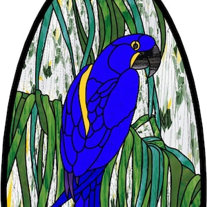 May include: A stained glass window design featuring a blue and yellow parrot perched on green leafy branches.