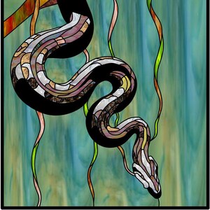 May include: A stained glass artwork depicting a black and white snake with a yellow stripe, winding around a branch with green and red vines. The background is a blue and green watercolor wash.