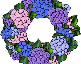 Hydrangeas hanging stained glass wreath pattern for download