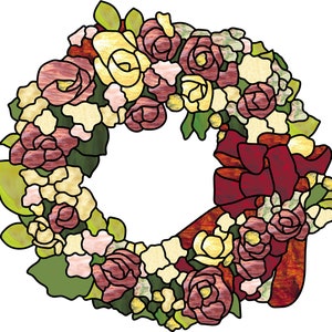 Pink Rose Wreath stained glass hanging panel pattern for download
