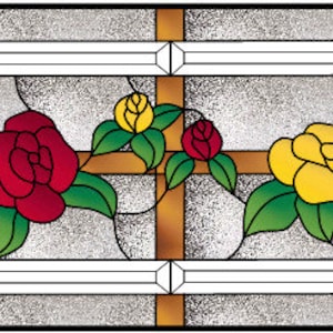 May include: A stained glass window panel featuring a repeating pattern of white doves flying among red and yellow roses with green leaves. The panel is framed in a brown and white border.