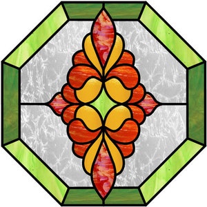 Puede incluir: Ventana octogonal de vitrales con un borde verde y un diseño floral rojo, amarillo y naranja en el centro.