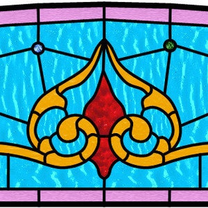 May include: A stained glass window design featuring a blue background with intricate gold, red, green, and purple floral patterns.