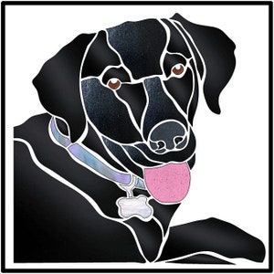 Op de afbeelding: Een zwarte Labrador Retriever met zijn tong naar buiten, draagt een paars-blauwe halsband met een wit label.