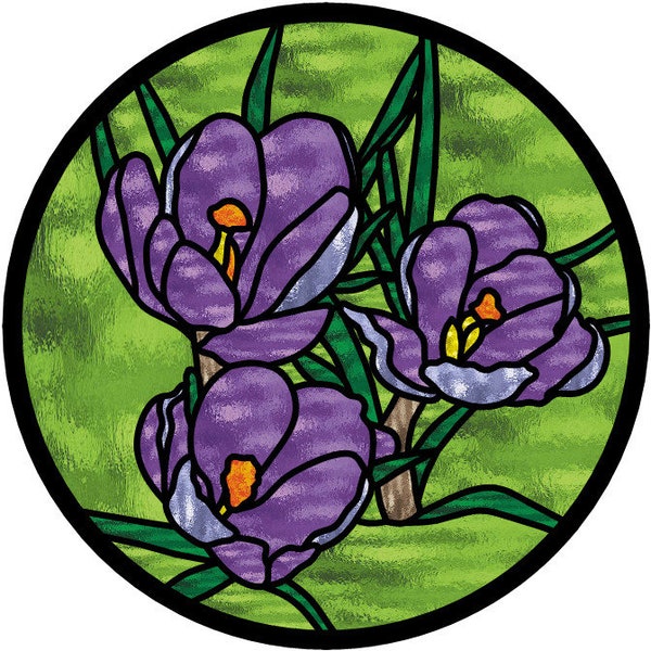 Crocuses spring flowers stained glass circle panel pattern for download