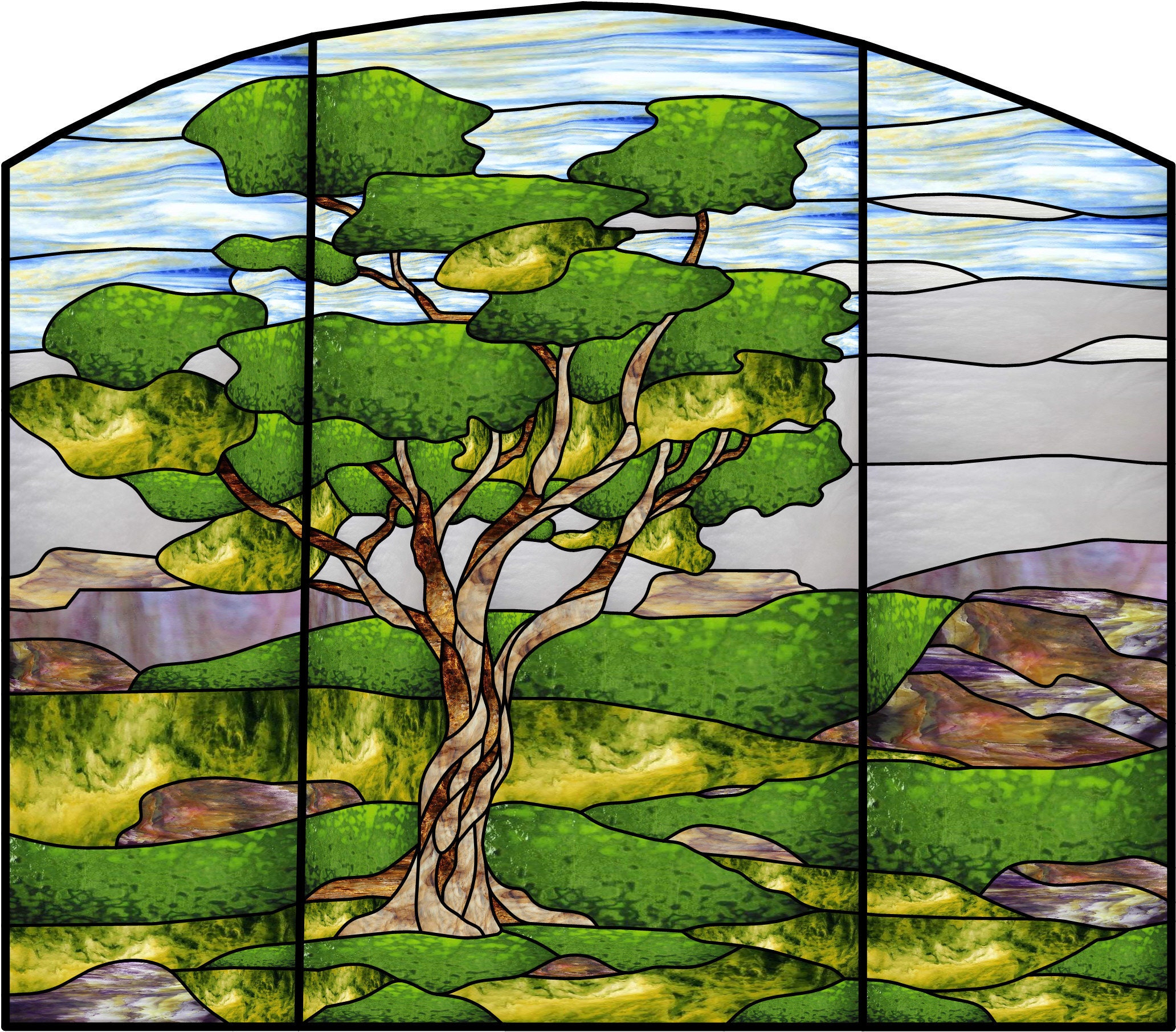 Lone Oak Landscape Stained Glass Panel Design - Etsy