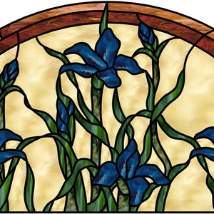 Blue Irises arched stained glass transom pattern design for download