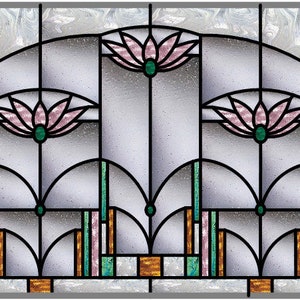 May include: A stained glass window design featuring a geometric pattern with pink and green flowers. The window is made of clear glass with a frosted background.
