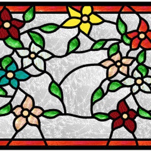May include: A stained glass window panel featuring a floral design with red, yellow, blue, pink, and white flowers. The flowers are intertwined with green leaves and vines.
