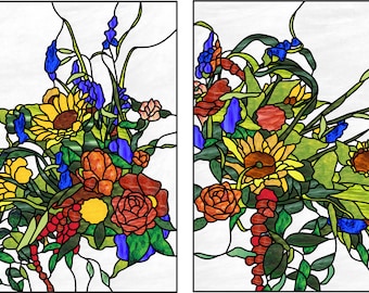 French country flowers bouquet stained glass panel pattern design for download