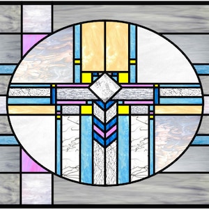 Mission Statement FLW style stained glass panel pattern