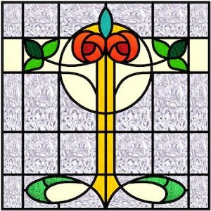 Op de afbeelding: Een glas-in-loodraamontwerp met een gestileerd bloemenmotief met rode, gele en groene accenten. Het ontwerp is op een witte achtergrond met een rasterpatroon.
