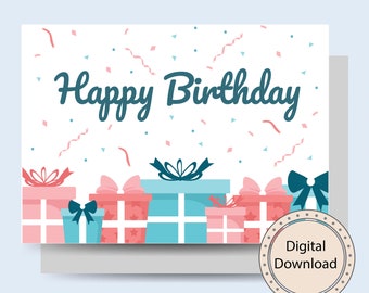 Carte de joyeux anniversaire | Carte imprimable | Carte d'anniversaire | Cadeaux, confettis et banderoles pour anniversaire | 5x7 | Téléchargement numérique