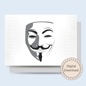 Op de afbeelding: Zwart-witte illustratie van het Anonymous-masker op een witte achtergrond met een grijs stippenpatroon. De tekst "Digitaal downloaden" staat in een cirkel met een bruine rand.
