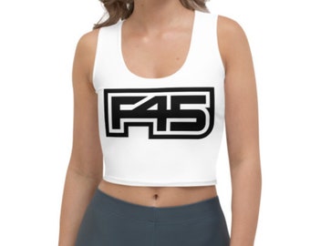 F45 | White | Women's Workout Crop Top | Black F45 Logo | Team Training. Life Changing.