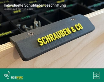 Individual drawer labeling e.g. for the workshop, kitchen, pantry, boxes, ...