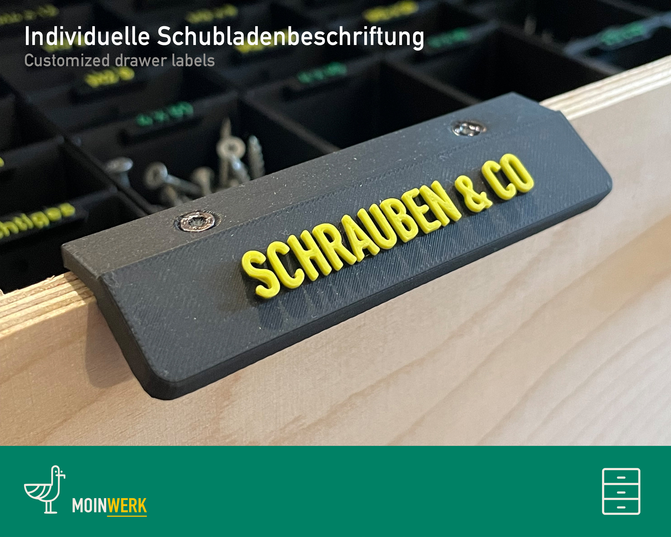 Individual drawer labeling e.g. for the workshop, kitchen, pantry, boxes, ...