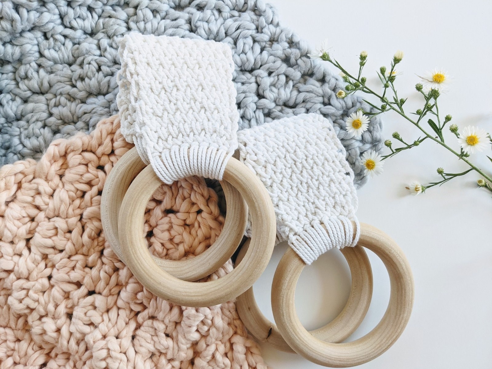 Hand-Knitted Kitchen Towel Holder with Wooden Rings
