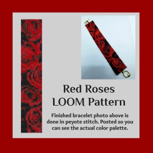 May include: Red Roses LOOM Pattern. A close-up of a red and black beaded bracelet with a rose pattern. The bracelet is shown on a white background. Finished bracelet photo above is done in peyote stitch. Posted so you can see the actual colour palette.