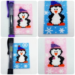Puede incluir: Cuatro sprites de cuentas diferentes de un pingüino con un gorro de invierno sobre un fondo azul o rosa con copos de nieve.