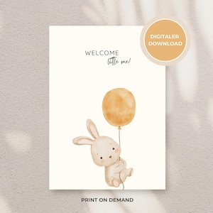 Babykarte „Welcome Little One“ – Minimalistische Karte mit Hase & gelbem Luftballon | Digitale Karte zur Geburt – zum Ausdrucken