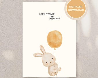 Baby card "Welcome Little One" – Minimalist card with bunny & yellow balloon | Digital birth card – printable