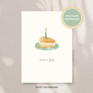 Tarjeta de cumpleaños “Pide un deseo” – Tarjeta minimalista con pastel y vela | Tarjeta de felicitación digital para imprimir