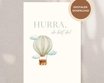 Baby card "Hooray, you're here!" – Minimalist card with hot air balloon | Digital birth card – printable