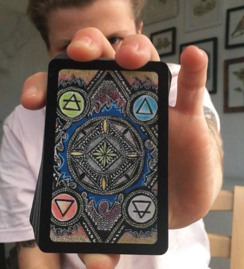 Puede incluir: Una carta negra con un dise&ntilde;o colorido que presenta cuatro c&iacute;rculos con s&iacute;mbolos en su interior. Los s&iacute;mbolos son un tri&aacute;ngulo con una l&iacute;nea que lo atraviesa, un c&iacute;rculo con una l&iacute;nea que lo atraviesa, un tri&aacute;ngulo con una l&iacute;nea que lo atraviesa y un c&iacute;rculo con una l&iacute;nea que lo atraviesa. Los c&iacute;rculos est&aacute;n dispuestos en un c&iacute;rculo alrededor de un dise&ntilde;o central.