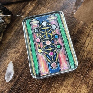 Puede incluir: Una caja de metal plateada con un dibujo colorido de un &aacute;rbol de la vida en su interior. El &aacute;rbol est&aacute; rodeado por dos pilares y tiene un fondo azul.