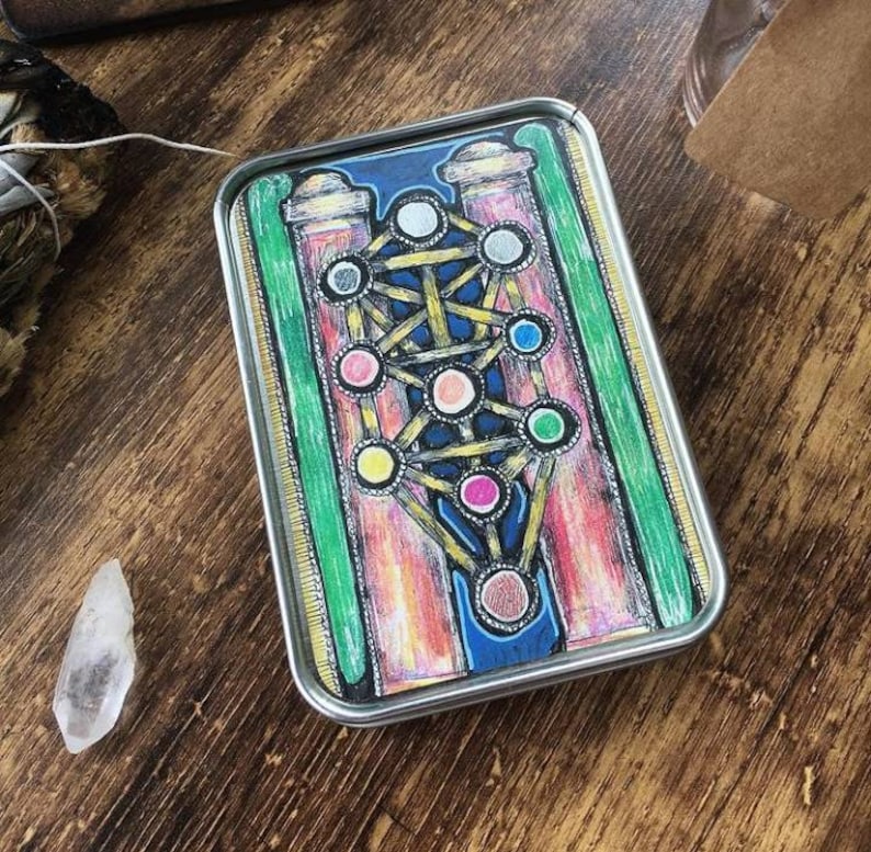 Puede incluir: Una caja de metal plateada con un dibujo colorido de un &aacute;rbol de la vida en su interior. El &aacute;rbol est&aacute; rodeado por dos pilares y tiene un fondo azul.