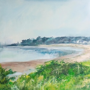 May include: An oil painting of a coastal landscape. The artwork depicts a serene scene with a sandy beach, calm water, and a treeline in the background. The foreground features lush green foliage, and the sky is a soft blue.