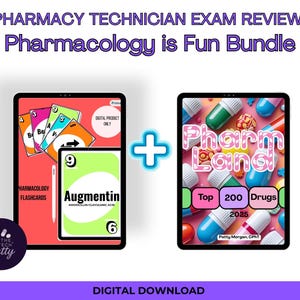 May include: Digital bundle for pharmacy technician exam review. The image shows two tablets with flashcards and drug information. One tablet displays flashcards with the word "Augmentin". The other tablet shows the words "Pharm Land" and "Top 200 Drugs 2025".