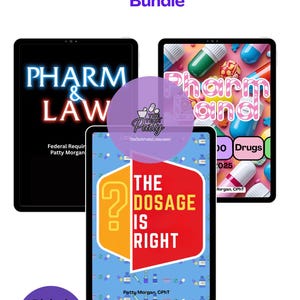 May include: A digital download bundle for Pharmacy Technician Exam Review. The image shows three tablets with the titles "Pharm & Law", "Pharm & Land", and "The Dosage is Right". The bundle includes study materials.