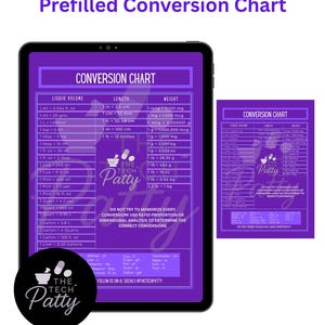 Pode incluir: Um gráfico de conversão roxo para técnicos de farmácia, exibido em um tablet e uma impressão menor. O gráfico inclui conversões de volume líquido, comprimento e peso. O texto "THE TECH PATTY" é visível. Uma versão em preto e branco está incluída.