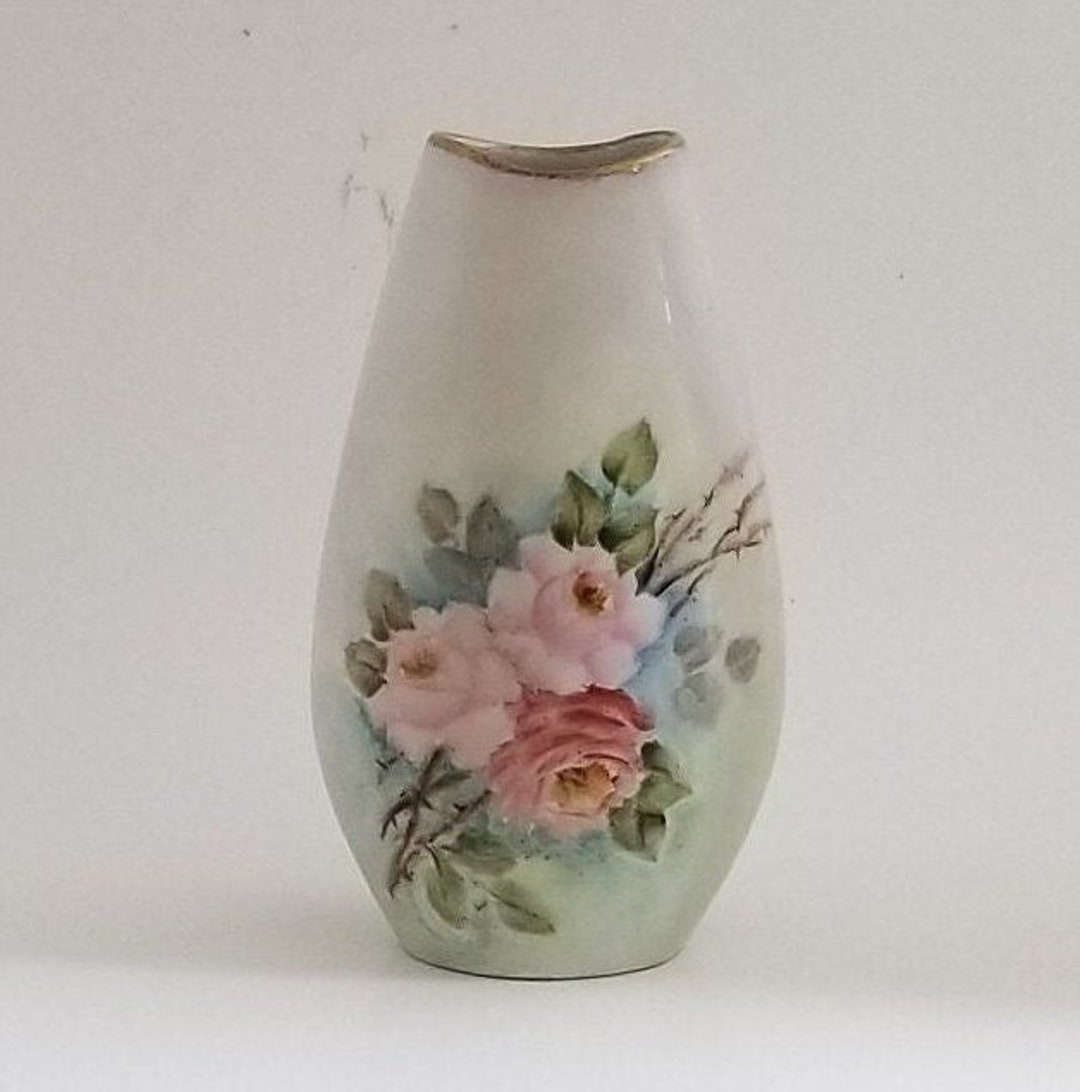 German Vintage Bud Vase, Small Vase With Hand Painted Flowers, White ...