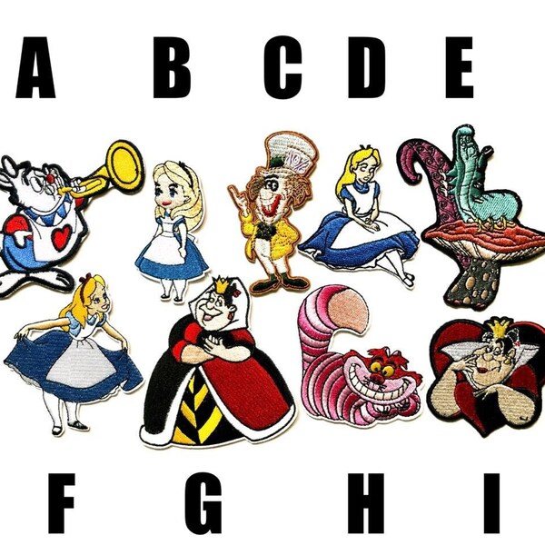 patch Alice in Wonderland toppa termoadesiva Alice nel paese delle meraviglie White Rabbit Cheshire Cat Red Queen Caterpillar iron Stregatto