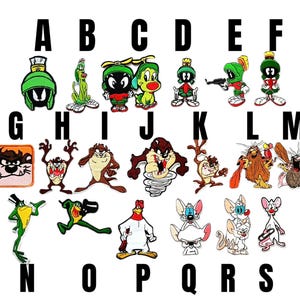 Marvin the Martian strijkpatch, Looney Tunes strijkpatch, Taz Tazmania, Pinky and the Brain Pinky, Captain Caveman Frog, Foghorn