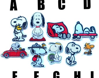 patch Snoopy Peanuts character toppa termoadesiva iron applique comic strip Schulz vintage love woodstock yoga dog white black Charlie Brown