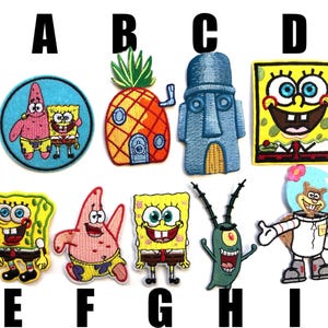 SpongeBob Schwammkopf Cartoon Aufnäher zum Aufbügeln Plankton Patrick Seestern Sandy Eichhörnchen Haus Ananas Bikini