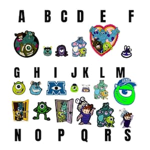 Può includere: Una collezione di toppe ricamate con personaggi del film d'animazione "Monsters & Co.". Le toppe presentano vari personaggi in diverse pose e design, con una varietà di colori e forme.