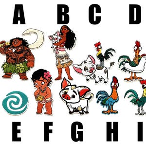 May include: A selection of vibrant embroidered patches showcasing characters from a well-known animated film. The patches include a muscular man, a woman with long black hair, a pig, a rooster, and a baby girl.